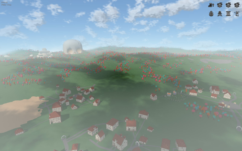 A wide draw distance view over a village, forests and hills with the frame rate counter showing 60 FPS